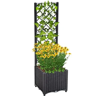 Mingone Blumenkasten mit Rankgitter, Hochbeet mit Spalier, tiefes Pflanzbeet mit Drainagelöchern, PP-Pflanzkübel aus robustem Kunststoff, Schwarz, 40×40×136 cm, für Balkon, Hinterhof & Garten