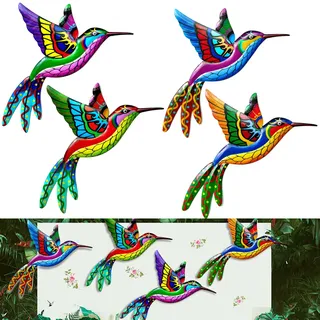 Kyduu 4 Stücke Kolibri Wandkunst Metall Wand Kunst Dekoration, 3D Wandskulpturen, Wanddeko Metall Vogel Deko Vögel Wanddeko, Lebhafte Wandskulptur, Schmiedeeisen Kolibri Dekor