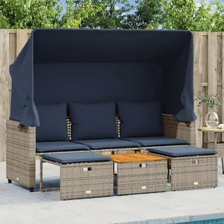 Gartensofa 3-Sitzer mit Baldachin und Hockern Gartenmöbel Rattansofa Outdoor Lounge Terrassensofa Balkonmöbel Gartengarnitu Sitzgruppe für Garten Terrasse Balkon Grau Poly Rattan - Grau
