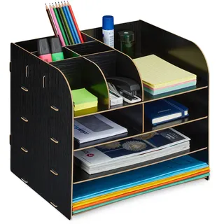Relaxdays Schreibtisch Organizer mit Dokumentenablage 10 Fächer 27,5 x 32,5 x 25 cm Schwarz