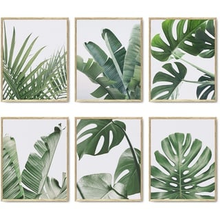 HoozGee Botanische Wandkunstdrucke Set mit 6 tropischen Blättern Dekor Pflanze Blatt Wandkunst Leinwand Drucke für Wanddekoration Grün Wandkunst Poster Set für Wohnzimmer Dekor (20,3 x 25,4 cm