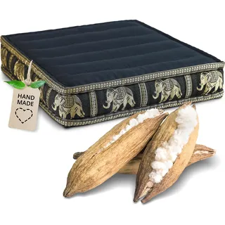 livasia Sitzkissen Boden Thaiseide - 50x50x10cm - Bodenkissen Indoor/Outdoor, Meditationskissen Yogakissen, Stuhlauflage Palettenmöbel, Steppkissen Bank handgefertigt (Schwarz/Elefanten Seide)