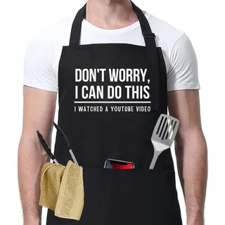golehs Don't Worry, I Watched a YouTube Video Lustige wasserdichte Schürze für Jungs - BBQ Dad Schürze - Herrenschürze zum Grillen, Küchenschürze mit Taschen - Lustige Schürzen für Männer und Frauen,