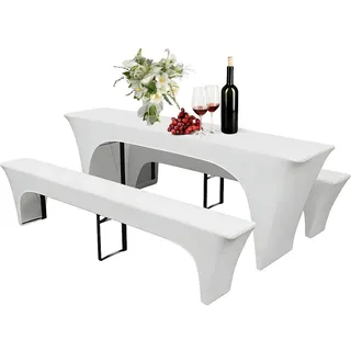 3er Set Biertischhussen Elastisch Stretch Bierzeltgarnitur, Elastisch Biertischhussen-Set, Tischhussen Bierzeltgarnitur Bierbank Hussen&Biertisch Husse für Hochzeit Event Party, 220×50×70cm, Weiß