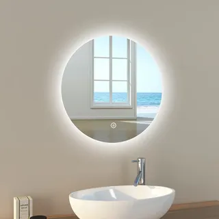 EMKE LED Badezimmerspiegel Badspiegel mit Beleuchtung Rund 50cm Dimmbar Lichtspiegel mit Touchschalter Energiesparend LED Spiegel - Silber