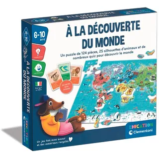 Clementoni Entdecken Sie die Welt für Kinder von 6 – 10 Jahren | Puzzle Weltkarte 124 Teile + TierQuiz | Klassifikationskarten + Suche und Finden | Lernspiel Geographie | Geschenkidee