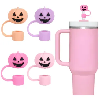 4er Set Halloween Strohhalm Kappen Kürbis Lila Orange Rosa Silikon Trinkhalm Aufsatz 10 mm wiederverwendbar für 30/40 oz Becher