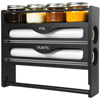 WXYDY 4-in-1 Holz Küchenrollenhalter mit Folienspender und Cutter, Wandmontage, abnehmbarer Halter für Küchenrolle, Alufolie,Frischhaltefolie, integriertes Gewürzregal, kompatibel mit 12′′-Folienrollen