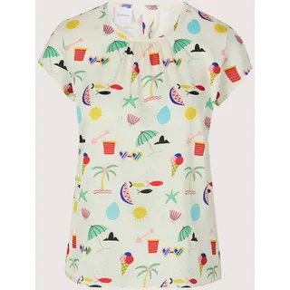 Shirtbluse MADELEINE "Blusenshirt Druckbluse mit sommerlichem Print", Damen, Gr. 42, weiß (wollweiß, multicolor), Obermaterial: 97% Polyester PES. 3% Elasthan EL., Modern, figurumspielend, Blusen Shirtbluse, Nackenschliz