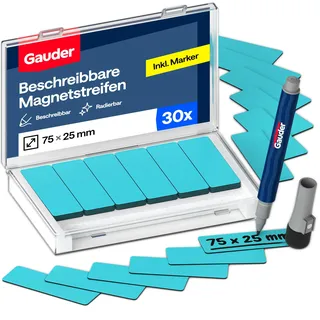GAUDER Magnetetiketten beschreibbar - Wiederverwendbare Magnetschilder zum Beschriften für Whiteboard, Tafel, Kanban-Board und Kühlschrank - Magnetkarten mit Marker (30 Stück - 75 x 25 mm)