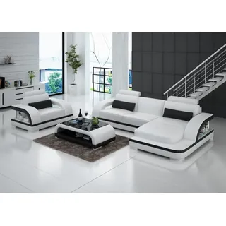 Ledersofa Couch Wohnlandschaft Ecksofa + Sessel Garnitur Modern Sofa LED + USB - Weiß