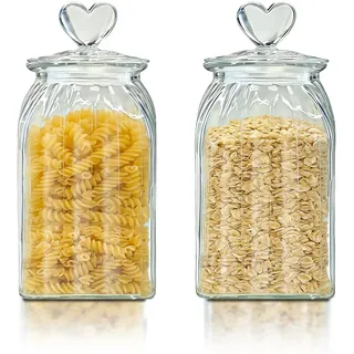 HomeyHoney Vorratsgläser mit Deckel Luftdicht 2er Set,Bonbonglas Mit Herzform Vorratsdosen Glas, Quadratische Behälter, 1400ml Dekorative Vorratsglas Aufbewahrungsgläser für Candy Bar,Küche, Streifen
