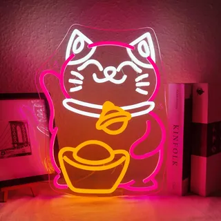 ineonlife Glückskatze Neon Schild Glücksgold Dimmbar Led Schild für Küche | Fortune 5-Stufiges Cat Leuchtschild USB Goldsycee Leuchtreklame Wanddeko, Wohlstand Neon Sign für Geschenk,Restaurant,Shop
