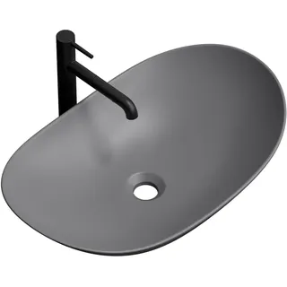 EMKE Ovales Waschbecken auf Arbeitsplatte, 61,5 x 36 x 15,5 cm, Keramikwaschbecken für Bad und Gäste-WC, mattes Grau