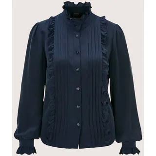 Langarmbluse MADELEINE "Rüschenbluse Langarmbluse mit Stehkragen", Damen, Gr. 44, blau (marine), Obermaterial: 100% Viskose CV., Modern, Blusen Langarmbluse