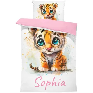 Pictogogo Süßer Großaugen-Tiger Design Kleinkindbettwäsche für Mädchen und Jungen, Personalisiert, Wählbare Unterfarbe (Weiß, Rosa, Blau, Grau), Oeko-TEX, 100 x 135 cm