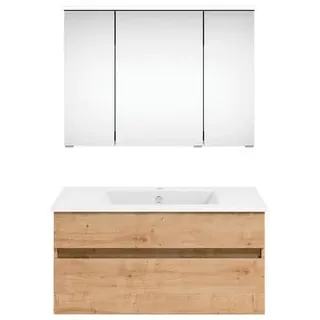 Puris Badezimmer , Eichefarben , Holzwerkstoff , 2 Schubladen , 90 cm , Goldenes M, Made in Germany , hängend , Badezimmer, Badmöbelsets & Badmöbelserien, Badmöbel-Sets