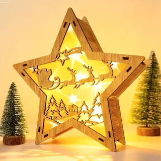 LED Weihnachtsstern Beleuchtet Weihnachtsdeko Holz Innen - Rentier - Warmweiße Beleuchtung - Weihnachten Advent Winter Holzstern Tisch Deko mit Weihnachtsbaum, Beleuchtung Batterie Betrieben