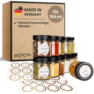 MOYO Gewürzgläser mit Etiketten I 12er Set I hochwertige Gewürze Aufbewahrung 154ml I luftdichtes Gewürzdosen Set I Gewürzaufbewahrung mit Deckel in schwarz I Gewürz Set zur Küchenorganisation