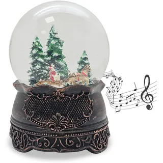 Schneekugel Weihnachten mit Musik | Weihnachtsbaum Holen | Schlittenfahrt Winterwald | Sockel Kupfer antik | H: 14cm B: 10 cm | Schüttelkugel Weihnachten Winter mit Spieluhr | 20325