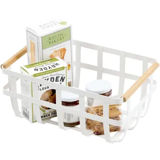 Yamazaki 2507 TOSCA Aufbewahrungskorb mit 2 Griffen, weiß, Stahl/Holz, minimalistisch, 36 x 22 x 16 cm