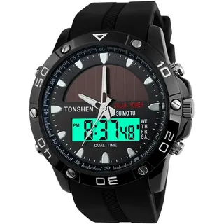 TONSHEN Herren LED Digitaluhr Sportuhr 50M Wasserdicht Solar Uhr Edelstahl mit Silikon Band Analogue Quarzuhr Militäri Tactical Armbanduhr für Männer