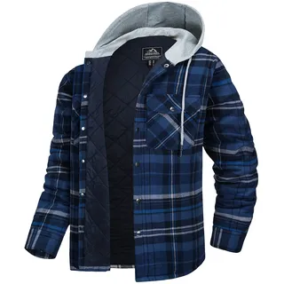 MAGCOMSEN Kariert Hemdjacke Herren Langarm Holzfällerhemd Gesteppte Plaid Flanelljackemd Hoodie Winter Arbeitshemd Männer Thermohemd Verdickt Casual Karohemd mit Große Taschen Blau Grau S