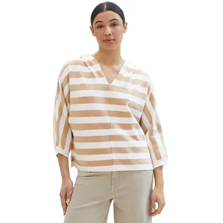 Kapuzenpullover TOM TAILOR, Damen, Gr. XL (42), beige (beige melange knit stripe), Stoff, Obermaterial: 35% Baumwolle, 35% Lyocell, 30% Polyester, gestreift, regular fit, V-Ausschnitt, Pullover Kapuzenpullover, mit weitem V-Ausschnitt