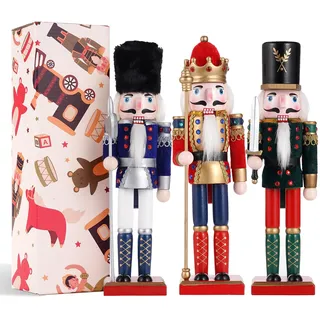 COMBIUBIU 3PCS Nussknacker Figur,Nussknacker Soldat Aus Hochwertigem Kiefernholz,Deko FüR Zuhause Kamin Tischdekoration,Weihnachten Weihnachtsdekoration (Stab,Schwert,Speer)