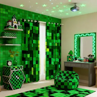 Pixelierte Blöcke Minen Blackout Vorhänge, Videospiele Spiel Gamepad Fenster Vorhänge, Geometrische Gitter Patchwork Kinderzimmer Schlafzimmer Spielzimmer Dekoration, Grün 2 Paneele 137L x 117B cm