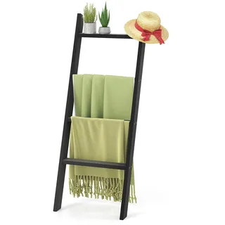 FANTASK 4-stufiger Handtuchleiter, 128cm Handtuchständer Wandmontage mit Deckenhalterung, Leiterregal belastbar bis 50 kg pro Stufe für Schlafzimmer & Badezimmer (Schwarz)