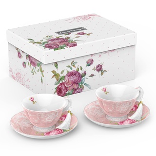 London Boutique Teetasse und Untertassen-Set, 2 Stück, Nachmittagstee-Set, Knochenporzellan, Vintage-Flora-Geschenkbox, 200 m (Rosa)