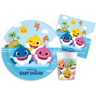 Ciao Y5061 Tableware for People (88 pcs Plates Ø18cm, Cups 200ml, 40 Napkins) in compostable Paper Partygeschirr Party-Set Baby Shark (Pappteller, Bucher, Servietten), Multicolor, 24 Personen