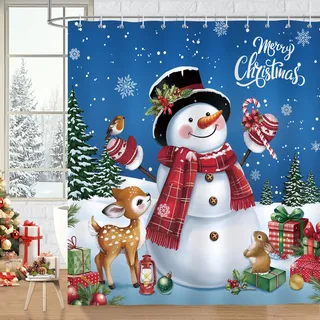 Bonhause Duschvorhang Weihnachten Schneemann Xmas Hirsch Kiefern Winter Blau Duschvorhänge 180 x 180 cm Anti-Schimmel Wasserdicht Polyester Stoff Waschbar Bad Vorhäng für Badzimmer mit 12 Haken