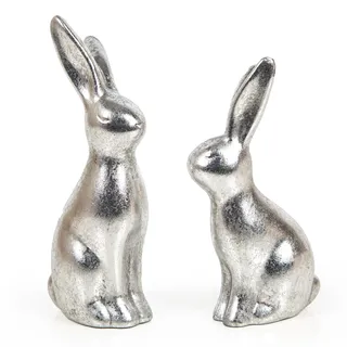 Logbuch-Verlag Osterhase Deko-Figuren, 2er Set: Silberne Osterhasen-Figuren, Moderne Osterdeko aus Keramik, Edle Deko-Hasen für Tisch, Kommode & Fensterbank, Indoor, 14 cm & 16 cm