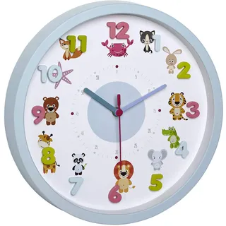 TFA Dostmann Little Animals Kinder-Wanduhr mit Tier-Motiven, Zoo, 60.3051, leises Uhrwerk, ideal für das Kinderzimmer, aus Kunststoff, hellblau