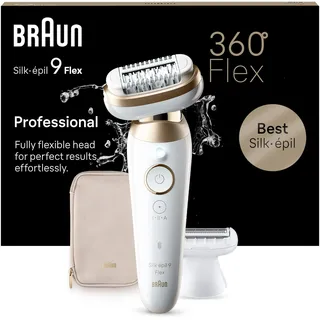 Braun Silk-épil 9 Flex Epilierer Damen mit Flexiblem 360°-Kopf, Wet&Dry, Langanhaltend Glatte Haut, Ladyshaver, Rasieraufsatz und Trimmeraufsatz, Made in Germany, 9-041 3D, Weiß/Gold