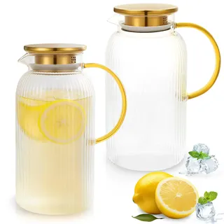 2 Stück Wasserkaraffe Glas 2 Liter mit Deckel, hitzebeständige Glaskaraffe aus Borosilikatglas für Kühlschrank, Eistee, Limonade und kalt gebrühten Kaffee, tropffreier Ausguss, Glaskrug Set