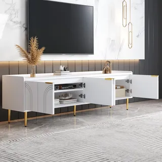 MODFU Skandinavischer TV-Schrank Lowboard Fernsehbank mit vorgebohrten Kabeldurchführungen,TV-Regal mit goldenen Griffen und goldenen Füßen,Weiß - Weiß