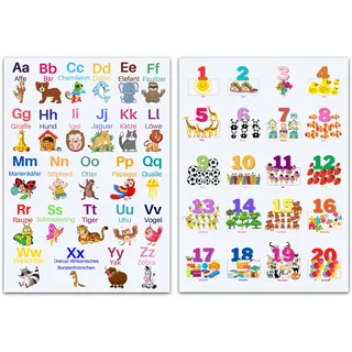 CLEAN SPORTS® Alphabet und Zahlen DinA1 Lernposter für Kinder - ABC und Zahlen von 1 bis 20 lernen mit zwei großen 59,4cm x 84,1cm Poster für ́s Kinderzimmer - Kinderposter Tiere lernen