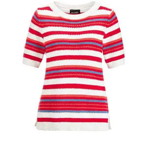 Rundhalspullover GOLDNER "Streifenpullover mit U-Boot-Ausschnitt", Damen, Gr. 50, rot (rot, weiß, gemustert), Obermaterial: 62% Baumwolle CO. 38% Polyamid PA., gerade, Rippe, Pullover Rundhalspullover, Seitennahtschlitze