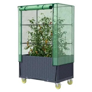 Hochbeet mit Abdeckung und Rollen in Rattan-Optik 80x50x182 cm