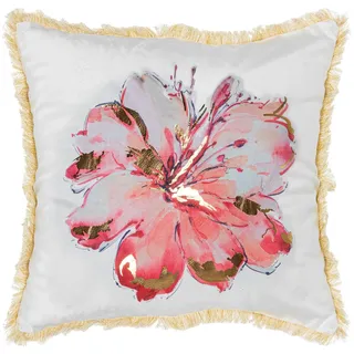 DRW Quadratisches Kissen aus Samt, Polyester, mit Reißverschluss und Blume in Weiß und Rot, 45 x 10 x 45 cm