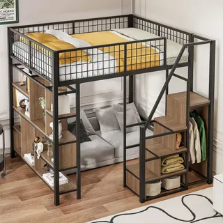Sweiko Multifunktionales Hochbett 140 x 200 cm, Metallbett mit Stauraum, Ablageflächen und Treppe, Erwachsenenbett und Kinderbett, Schwarz, - Schwarz, Weiß