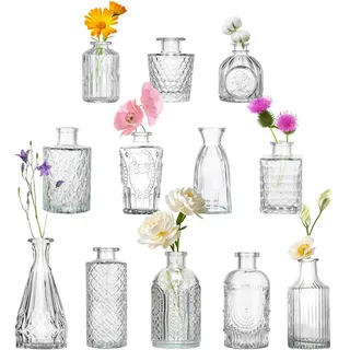 DOKKOME Kleine Vasen Set 12PCS Glasvase Mini Tischvase Deko Vasen Blumenvase Minivasen Set Hochzeitsdekorationen Blumen Deko für Home Hochzeit Tafelaufsätze Party