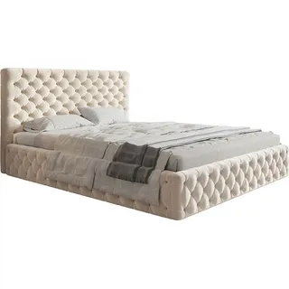 Polsterbett MIAMI-SLIM mit Kopfteil, 180x200 cm, Doppelbett mit Bettkasten und Lattenrost aus Holz, Velourstoff Beige - Beige