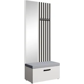 Garderobe MARGARET II, Farbe: Weiß + Schwarze Lamellen + Grau, mit Spiegel - Weiß, Schwarz, Grau