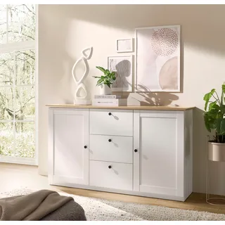 OTTO home Sideboard "Brest, Schrank im Landhausstil, Kommode, zeitloses Stauraumelement" schwarze Metallgriffe, ausreichend Stauraum, 164 cm breit, weiß matt, eiche geölt dekor