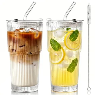 hosck 2 Stück 600ml Trinkbecher mit Deckel und Strohhalm, Spülmaschinenfestes Eiskaffee Gläser, Becher mit Deckel und Strohhalm, Glas mit Deckel und Strohhalm, Trinkgläser Set für Kaffee, Tee, Saft