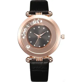 Moderne Ulrike Damenuhr mit Lederarmband und Kristallen - Schwarz KP12327 - Schwarz, Gold